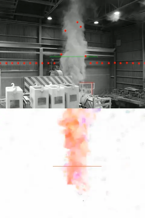 Emissions of a steel furnace and a color coded version of their velocities.